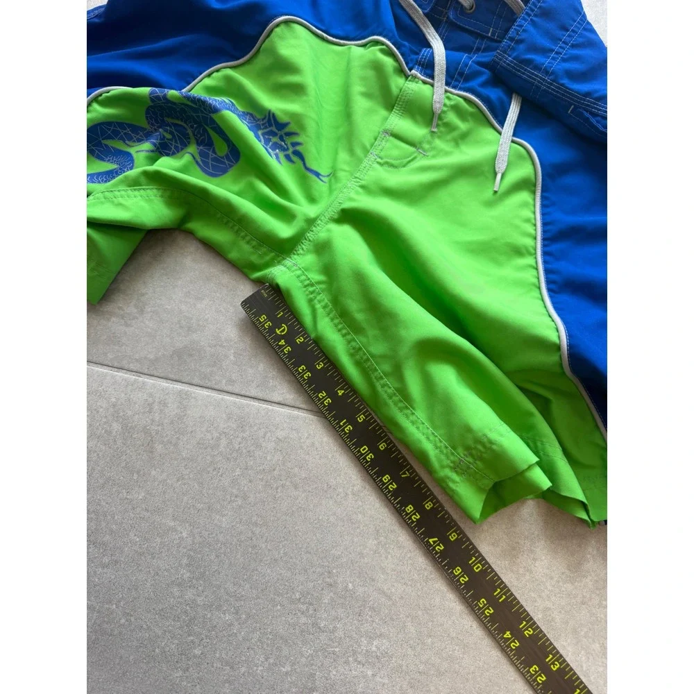 Vintage y2k No Boundaries Mens Blue Green Dragon Print Board Shorts 36 surfwear